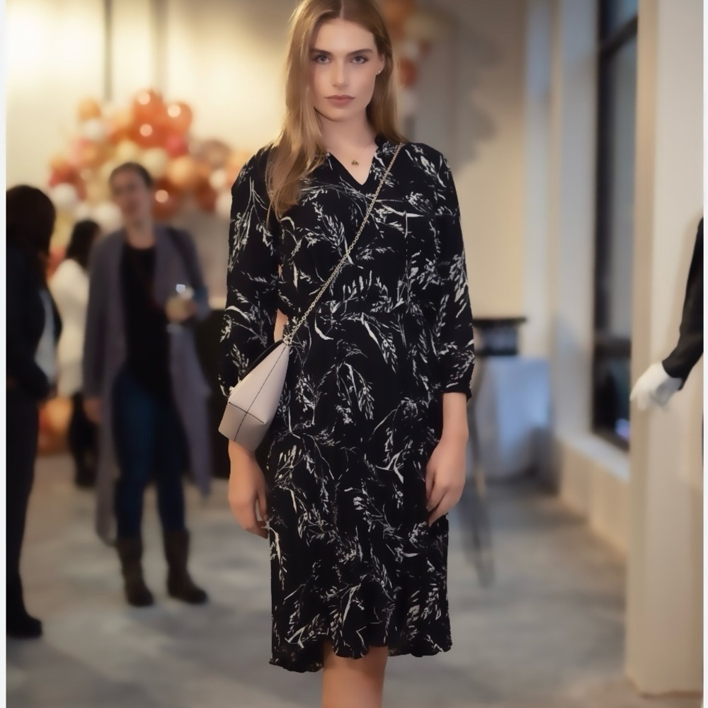 Minimum Black Fern Printed Long Sleeve V Neck Mini Dress Size S